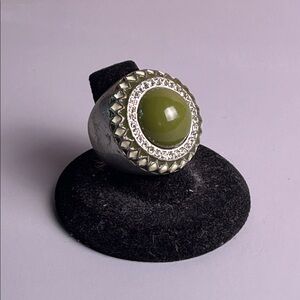 Signed Lia Sophia Green Cabochon Dome Ring Silver Tone Rhinestone Halo Enamel